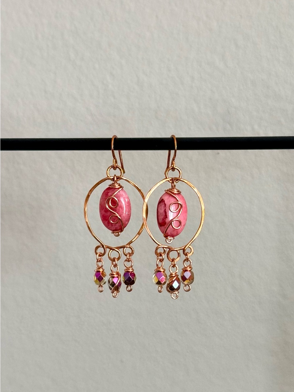✨ Handmade Artisan Copper & Pink Agate Dangle Earrings ✨